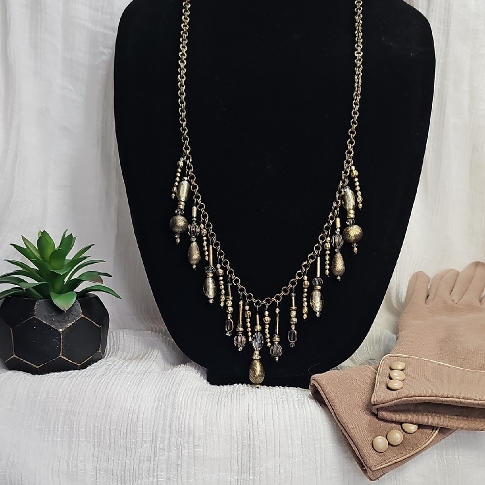 Chico's Long Antique Brass Beaded Necklace 38" +3" Ext